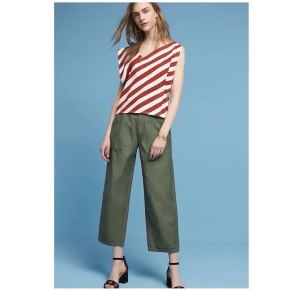 Anthropologie Postmark Dulcina Striped Asymmetrical Beownand White Top Sz M